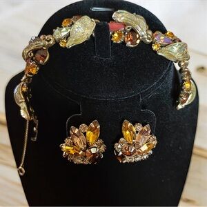 Vintage HOLLYCRAFT Amber & Iridescent Rhinestone Bracelet and Earrings Set